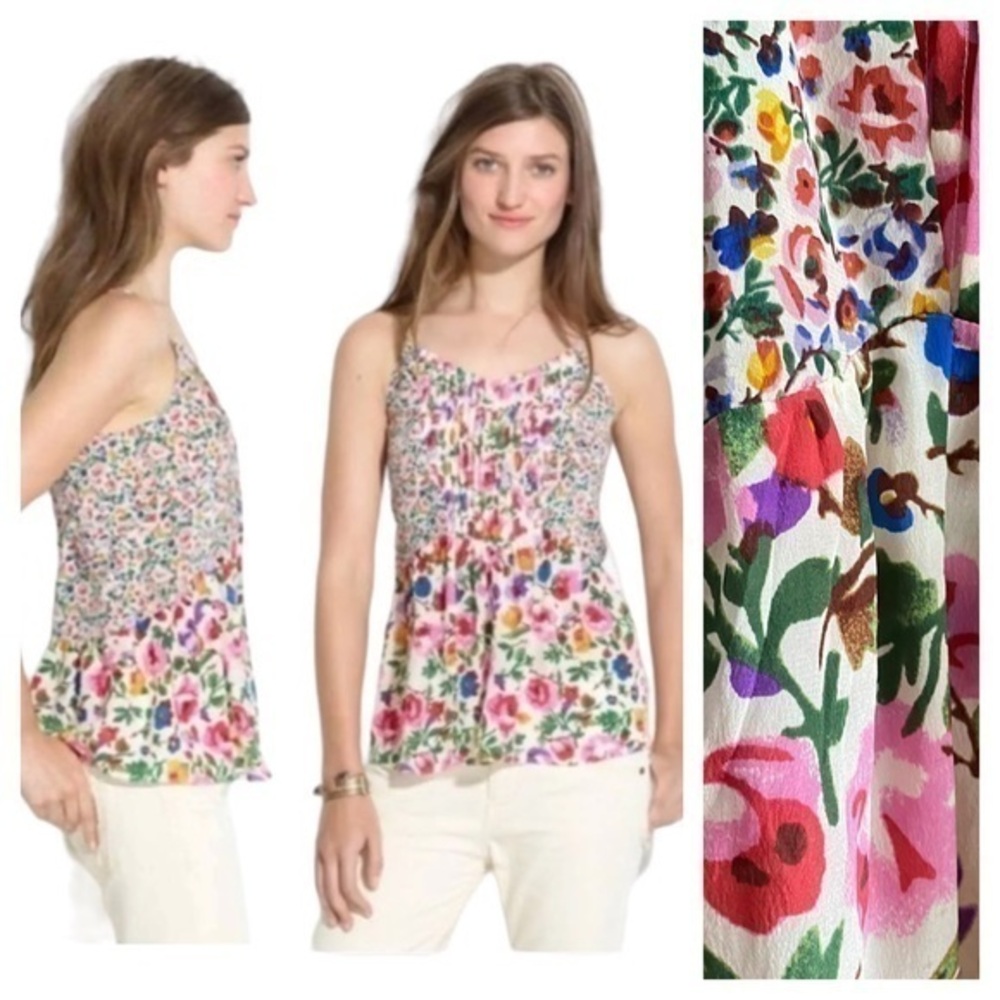 Madewell Silk Colorful Floral Print Pintuck Cami Tank Top
